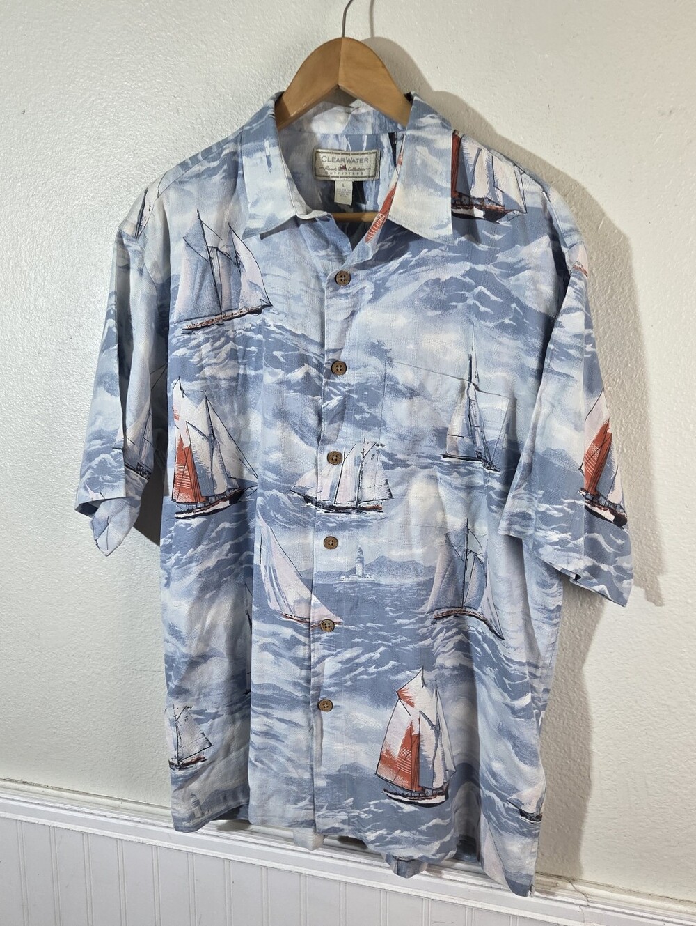 Vintage Clearwater Outfitters Sailboat Shirt Mens L Nautical Lighthouse Ocean